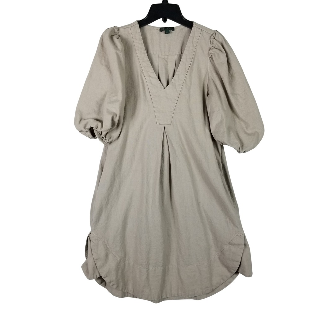 For Cynthia Tunic Dress Womens S Taupe Linen Blend Puff Sleeve V-Neck 164s